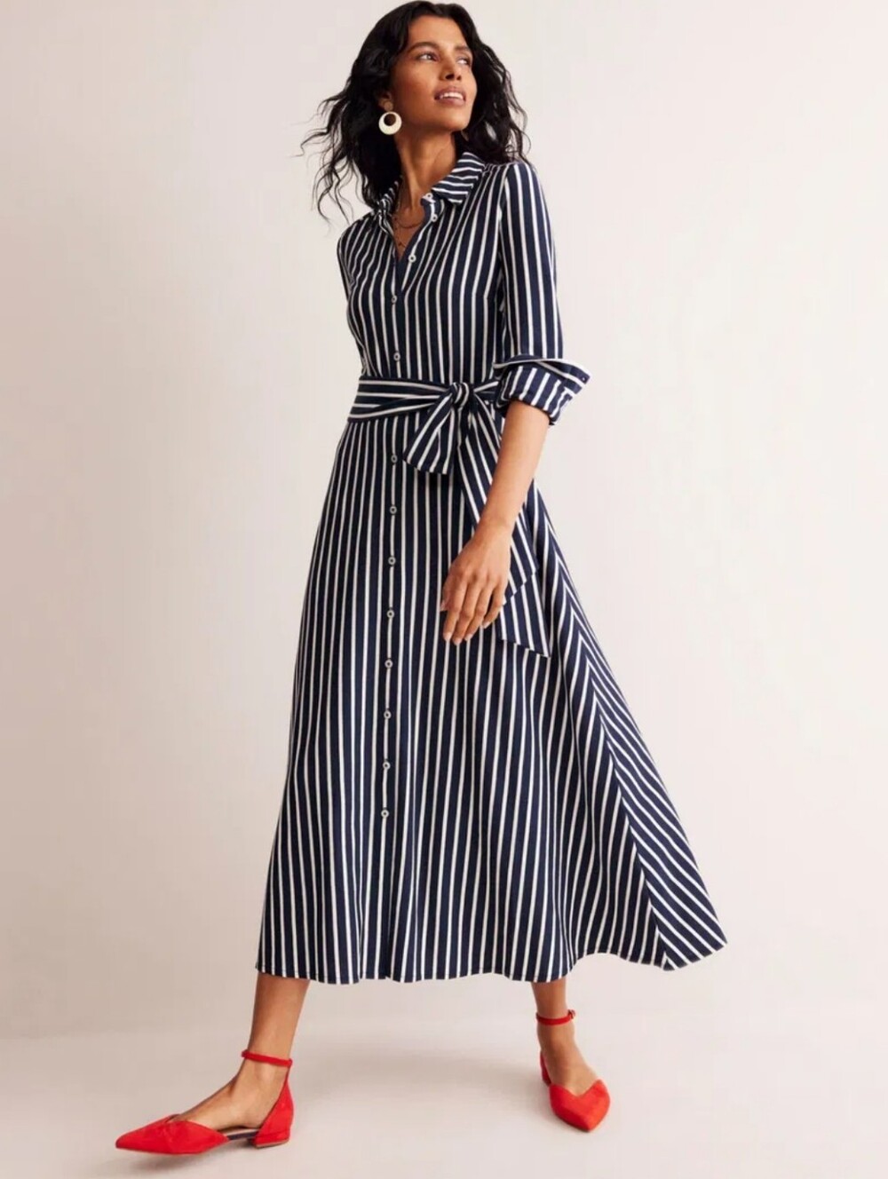 BODEN Marcia Stripe Midi Dress Knit Navy Button Front Bodice Women's 12 P